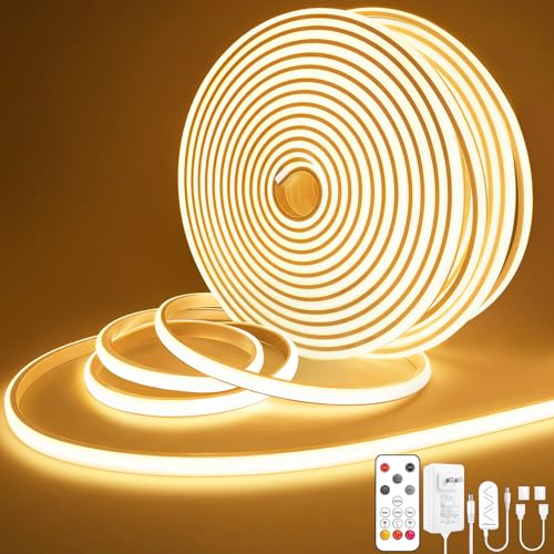 Lamomo 65.6Ft COB LED Strip Lights Warm White Dimmable Waterproof Neon Tape with Remote