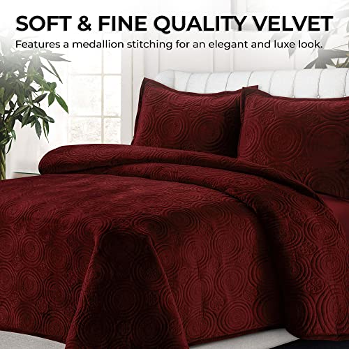 Queen Burgundy Velvet Quilt Set - Capri Medallion Luxury Bedding
