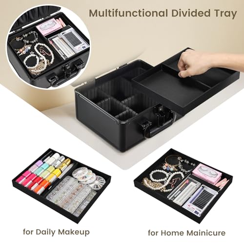Makeup Case with Lighted Vanity Mirror, Makeup Organizer Box Travel Make up Case with LED Mirror Portable Cosmetic Train Case for Countertop Lockable Makeup Suitcase with Adjustable Dividers