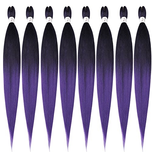 Pre-Stretched Braiding Hair Extensions 42 Inch - Ombre Black to Purple, 8 Packs, Soft Yaki Texture, Hot Water Setting