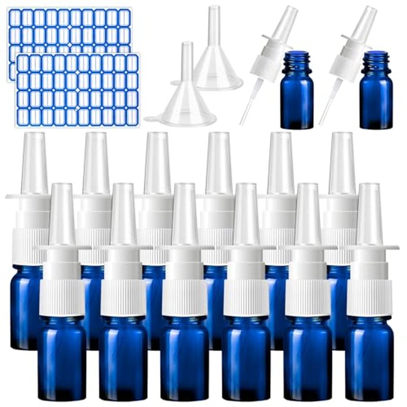 20 Pcs Nasal Spray Bottle, 5ML/0.17OZ 12 Pcs Blue Glass Refillable Nasal Spray Bottles Empty with 4 Funnels and 4 Labels