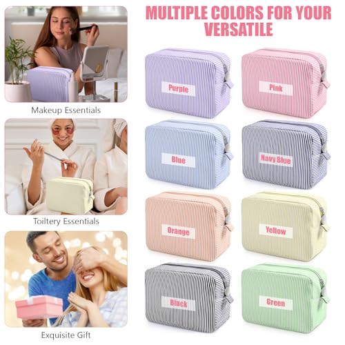 Giesiery 8 Pcs Seersucker Makeup Bags Striped Cosmetic Bags Bulk Organizer for Women Preppy Travel Toiletry Pouch for Wedding Bridesmaid Gifts (Pastel Color, Large)