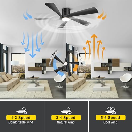 Ohniyou 52-Inch Black Low Profile Ceiling Fan with Lights & Remote Control