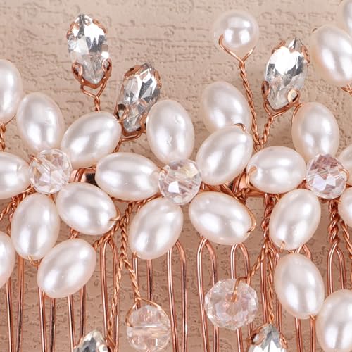 Teyglen Rose Gold Wedding Pearl Hair Comb Bride Crystal Headpiece Handmade Pearl Rhinestone Beads Hair Comb Wedding Hair Accessories for Women Hair Piece (Rose gold)
