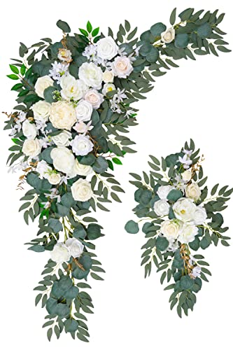 Wedding Arch Flowers Pack of 2 with Gauze Curtain for Ceremony & Reception - White Variation