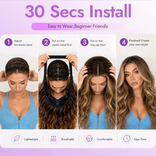 Eawwii Highlight Brown Wigs for Women 26 Inch Wavy Lace-Free Glueless Wig with Blonde Highlights