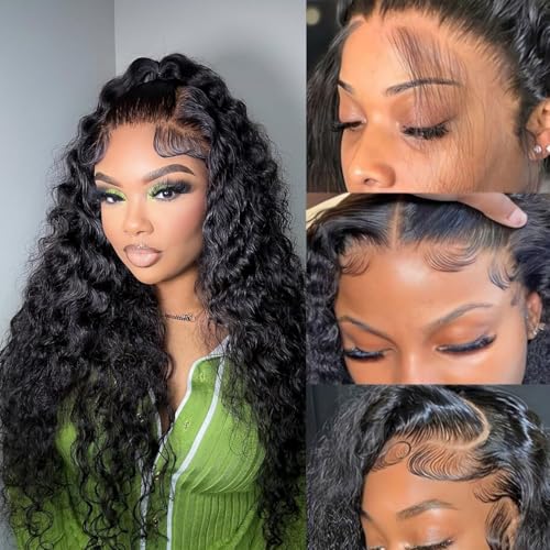 BVLBVL 20in Deep Wave Lace Front Wig Human Hair 13x6 HD Pre-Plucked 180% Density Natural Black