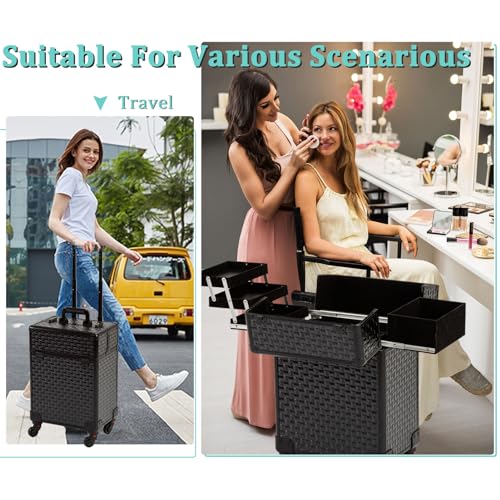 Arous Black Rolling Makeup Case on Wheels, Professional Cosmetology Storage