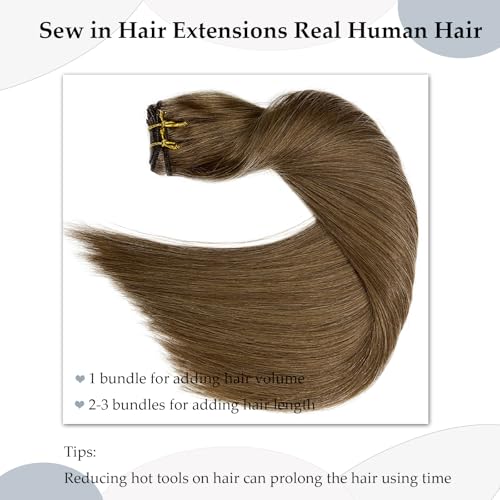 Ash Brown Sew-In Human Hair Extensions 12 Inch Wefts for Women - Light Brown Remy Hair Bundle - Variation #8