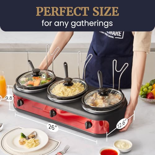 Elite Gourmet Triple Slow Cooker Buffet Set - 3 x 2.5 Qt Red with Removable Stoneware