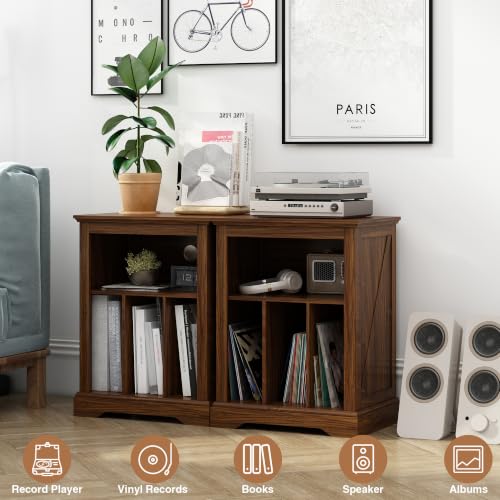 Rustic Brown Farmhouse Record Player Stand with Vinyl Storage & Cable Management