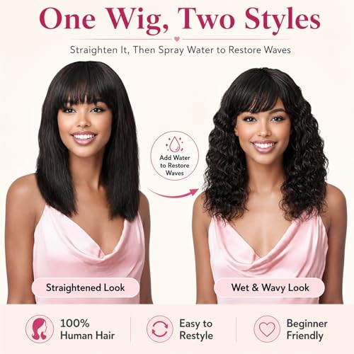 ManeMajesty Wet and Wavy Human Hair Wig with Bangs 16 Inch, 150% Density, Natural Color
