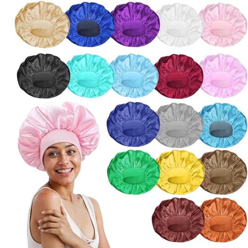 Large Satin Bonnets for Sleeping, 18 Pcs Elastic Wide Band Hair Bonnets Soft Silky Sleep Cap Solid Color Hairs Wrap Reusable Shower Cap for Black Women Curly Hair Braids