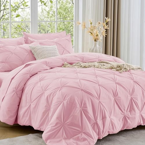 California King Comforter Set 7-Piece Bed in a Bag Pink Microfiber Bedding