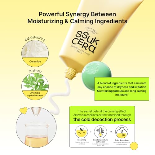Moisturizing & Calming Ssuk Artemisia Ceramide Cream, Long-Lasting Hydration & Barrier Support Facial Cream for Sensitive Skin, Soothing & Relief, Korean Daily Skin Care 3.38 fl.oz (100ml)