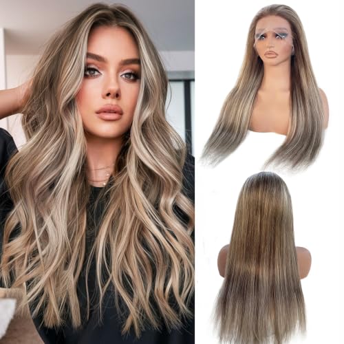 Ash Blonde Lace Front Wig Human Hair 16 Inch Pre-Plucked Straight Ombre Highlight with 13x4 HD Lace for White Women - Variation #6T6p18