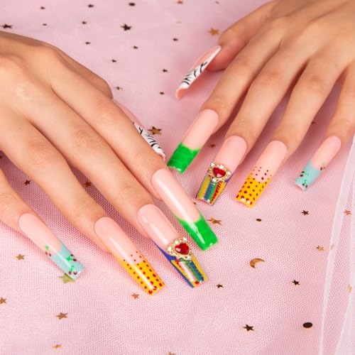 LOVFUL Press on Nails The Wonderful Meadow | Handmade with Full Covered Crystals | Reusable Fake Nails | Square Mid length 1.7in | H224-S