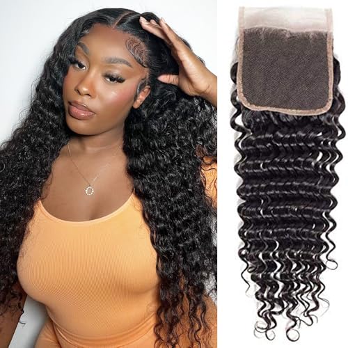 Deep Wave Lace Closure Human Hair 14 Inch 150% Density Brazilian Unprocessed Pre-Plucked