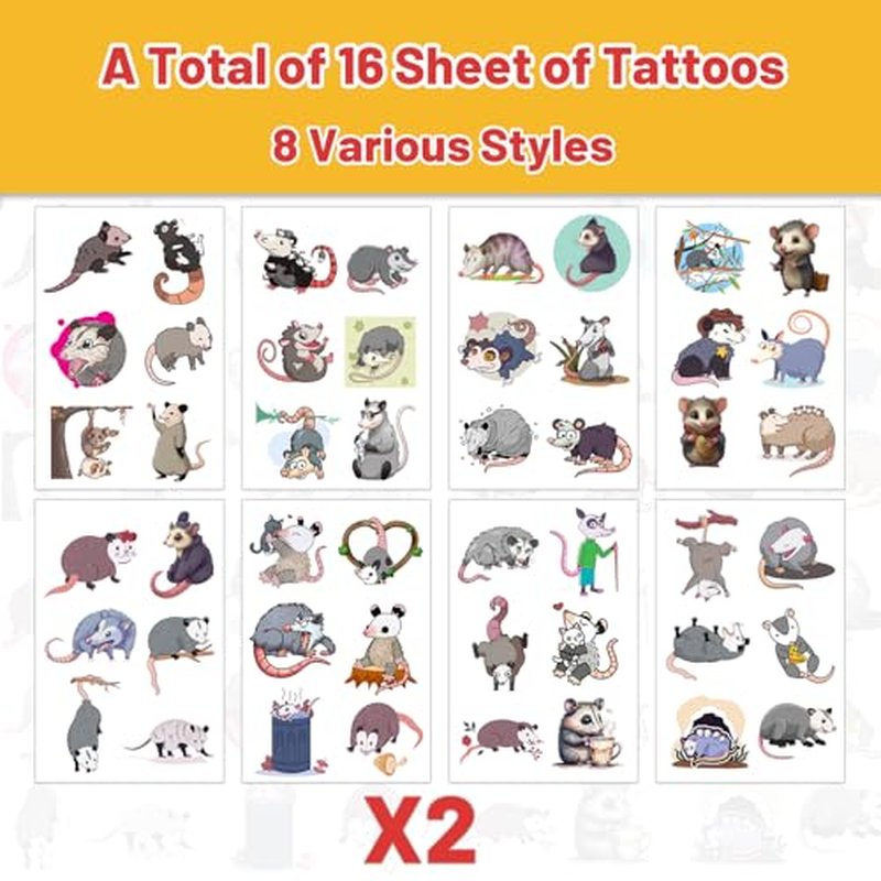 16 Sheets Possum Temporary Tattoos, Fun Opossum Stickers for Kids, Party Favors, Birthday Decorations, Classroom Rewards
