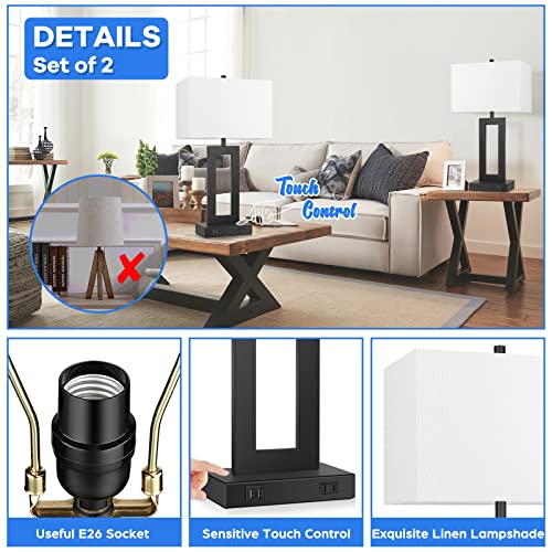 TOBUSA 22-Inch White Modern Touch Control Table Lamp Set of 2 with USB Ports