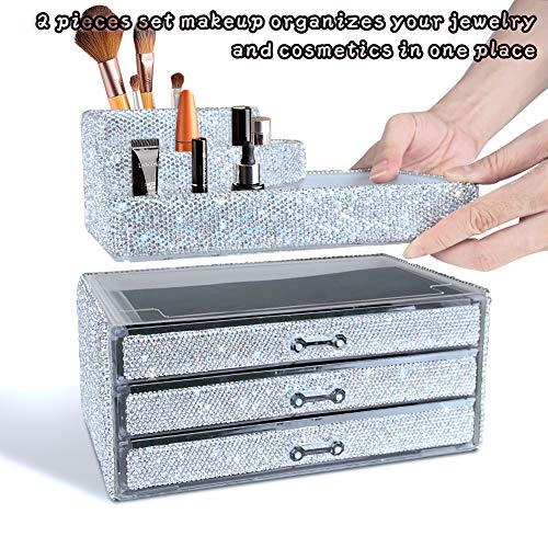 White Bling Diamond Makeup Organizer Drawer Set - 2 Pieces, Handcrafted Jewelry & Cosmetic Storage