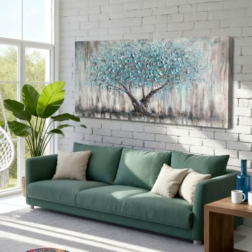 Blue Tree Wall Art Canvas - 48x24-Inch Tree of Life Nature Painting, Textured Modern Artwork - Bedroom & Living Room Decor Variation of THIS listing