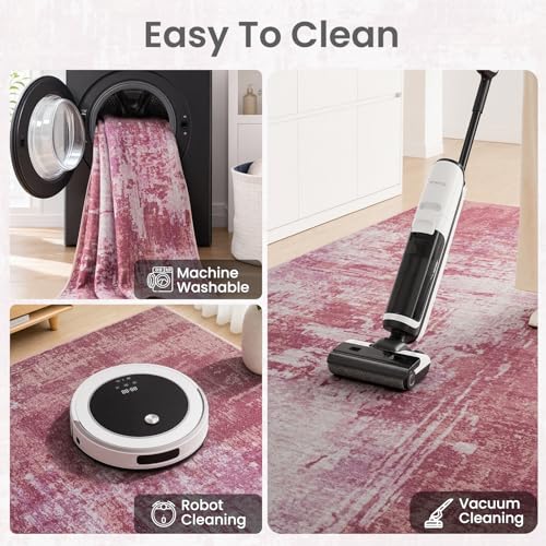 Pink Washable Area Rug 6x9 Non-Slip Faux Wool Abstract Floor Covering