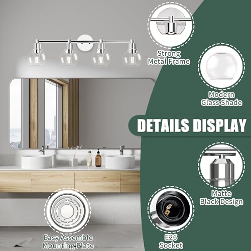 4 Lights Bathroom Vanity Light Fixtures - Chrome Globe Wall Sconce, Industrial Farmhouse Style - Polished Chrome, Over Mirror