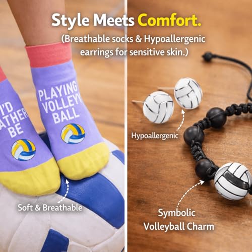 Volleyball Gift Set for Girls - 6-Piece Teen Girl Volleyball Accessories with Socks Earrings Makeup Bag & Stickers - Variation of THIS listing