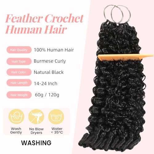 Natural Black 18 Inch Reusable Feather Crochet Human Hair Extensions - Burmese Curly, Invisible Knotless, 60g