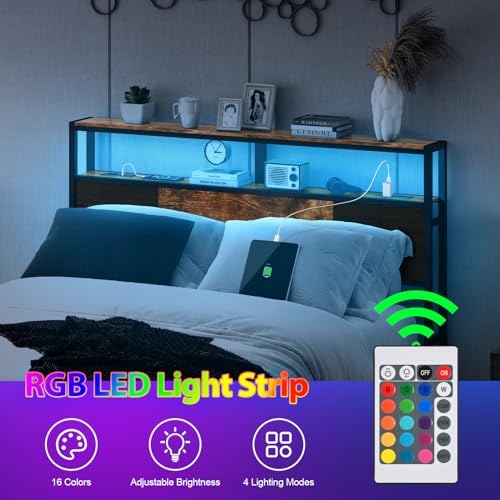 Queen Size Headboard with Charging Station & LED Light - Easy Assembly