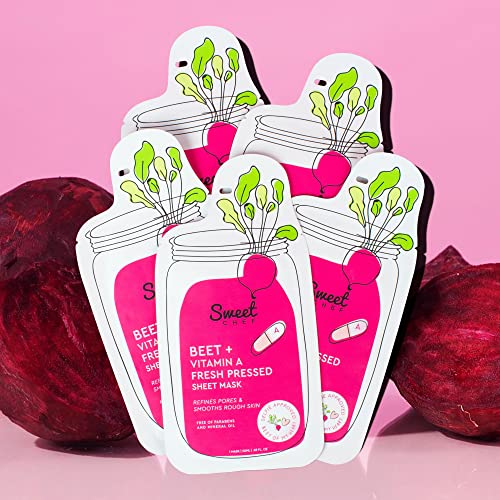 Sweet Chef Beet + Vitamin A Fresh Pressed Sheet Mask - Beet Extract Moisturizing Face Mask for Soft Smooth Skin + Pore Minimizing Antioxidant Vitamin A for Aging & Glowing Skin (Sheet Mask Pack of 5)