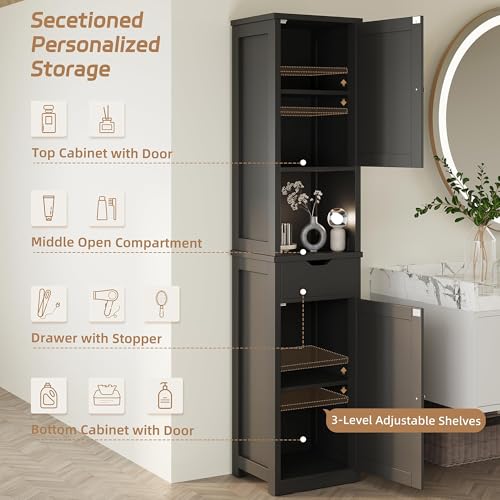 Tall Bathroom Storage Cabinet - Narrow Slim Black Cabinet with Drawers & Shelves - Corner Unit