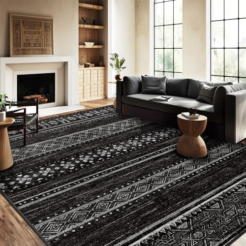Black and White 8x10 Washable Area Rug for Living Room & Bedroom - Modern Boho Style