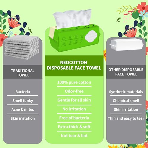 Extra Thick Disposable Face Towel, 100% Pure Cotton Face Towelettes Disposable, Ultra Soft Face Cloths for Sensitive Skin, Makeup Remover Dry Wipes, Facial Towels for Skincare, 140 Count