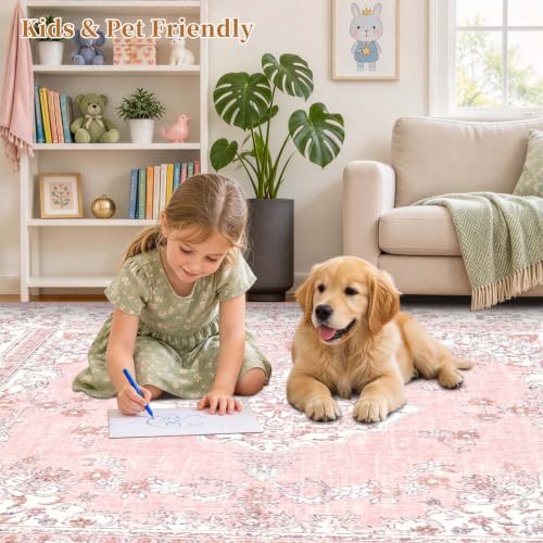 Pink Vintage 5x8 Washable Area Rug for Bedroom Girls - Soft & Stain-Resistant