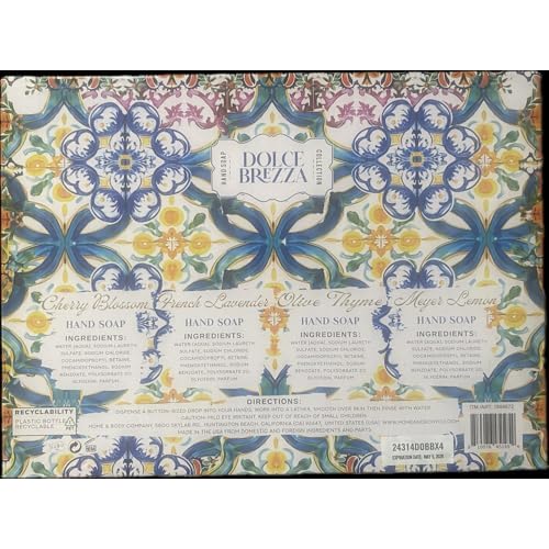 Home and Body Company Hand Soap Dolce Brezza Collection 21.5 FL/636ml Bottles infused with Essential Oils (SET OF 4) Meyer Lemon, Olive Thyme, Fresh Lavender, and Cherry Blossom