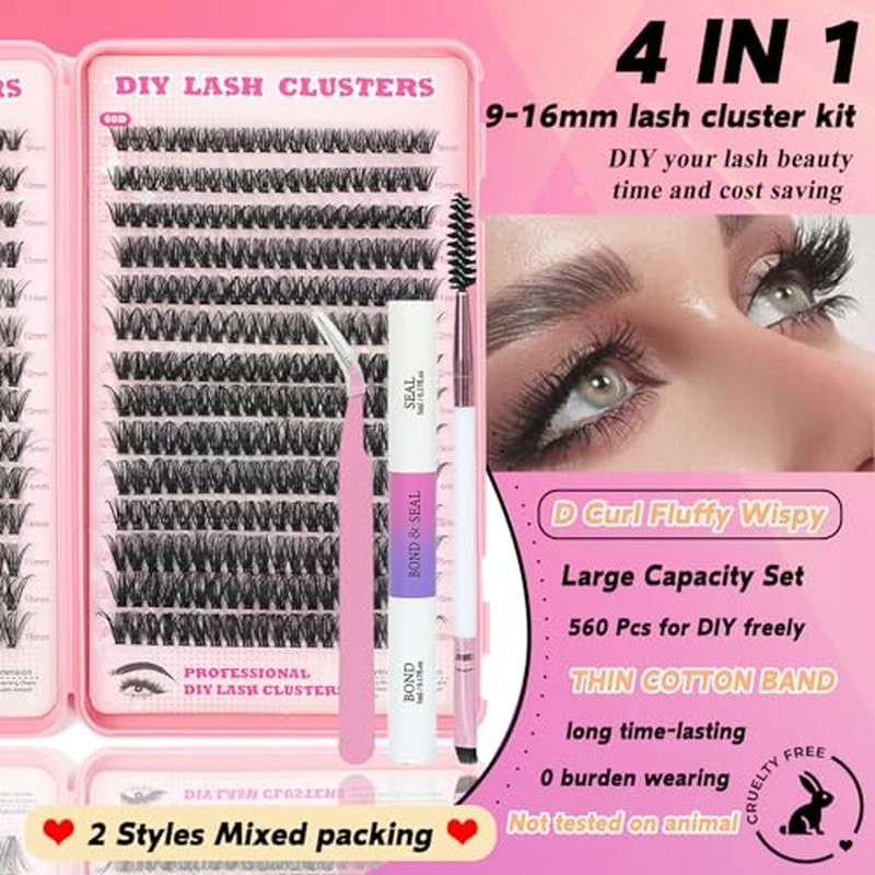 Lash Clusters Kit, 560 Pcs Eyelashes Clusters Kit 9-16mm Individual Lash Extension Kit D Curl Fluffy Wispy False Eyelashes (50D+60D New, Lash Clusters Kit)