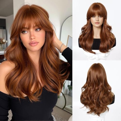 Osicapea Auburn Wigs with Bangs for Women - Natural Wavy Curly 22 Inch Synthetic Wig for Cosplay & Daily Use