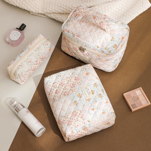 UEKEBOAG 3-Piece Quilted Cotton Makeup Bag Set with Pink Flower Pattern – Travel & Organizing Cosmetic Bags