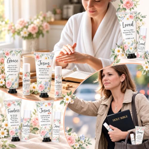 24 Sets Christian Hand Cream and Lip Balm Gift Set with Bible Themes - Christmas Religious Gifts for Women
