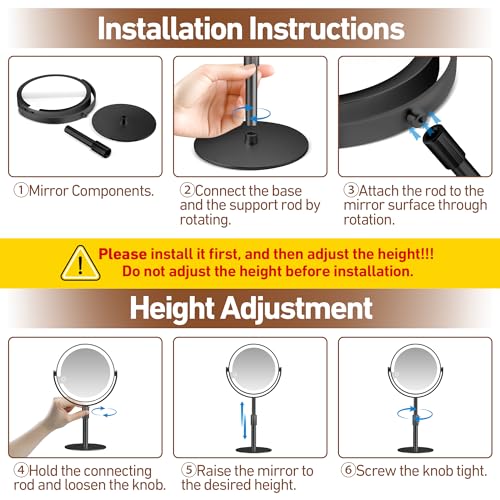 Magnifying Mirror with Light 20X, Height-Adjustable Lighted Makeup Mirror with Magnification, Double - Sided Aluminum Alloy LED Mirrors, 3 Lighting Modes Ideal for Bathroom Make-up, Black