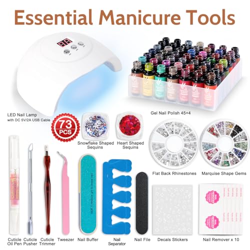Gel Nail Polish Kit with UV Light - 45 Colors Manicure Set with Top & Base Coats