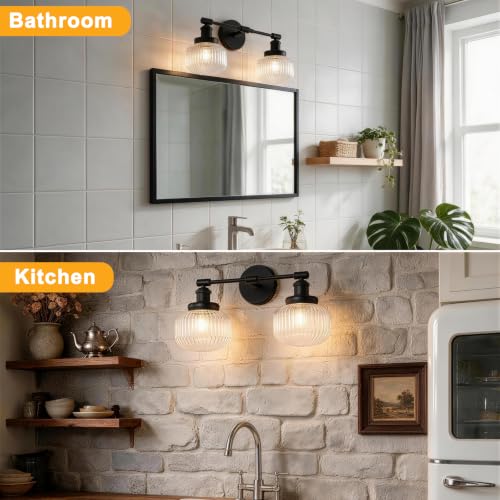 Black Round 2-Light Bathroom Vanity Light Fixture with Ribbed Glass Shades - Vintage Industrial Style