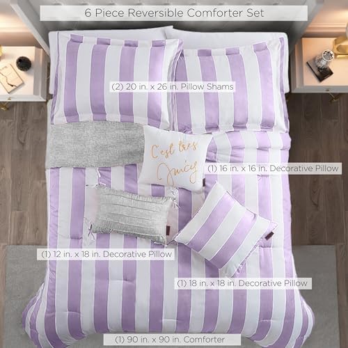 Reversible Bedding Set Queen Lavender White Stripe 6 Piece Bedroom Decor