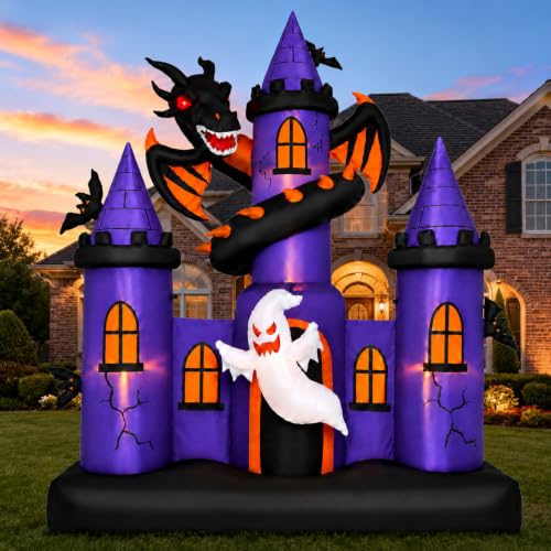 9 FT Inflatable Haunted Castle with Dragon Ghost LED Yard Decor