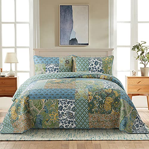Reversible Cotton Quilt Set with Embroidered Patchwork - Green Farmhouse Garden, Queen Size, 3 Pieces Variation of THIS listing