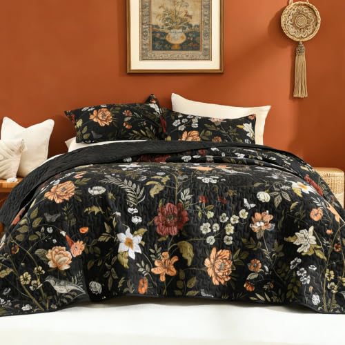 Black Floral California King Quilt Set - 3 Pieces Summer Boho Bedspread & Pillowcases