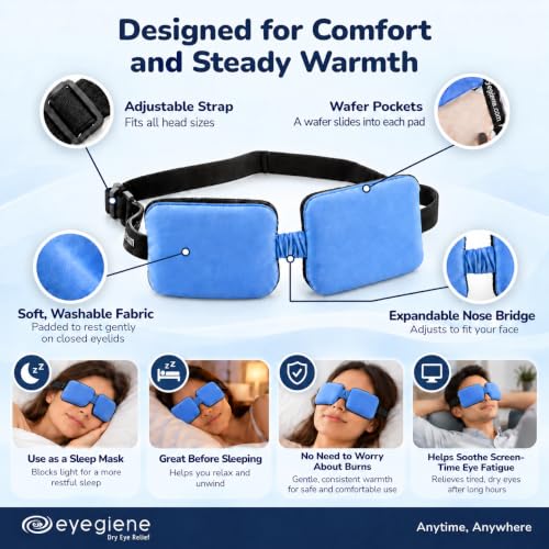 EyeGiene Insta-Warmth Eye Mask with 10 Pairs of Warming Wafers - Soothing Reusable Heating Mask & Adjustable Fit (Mask & 10 Pair)
