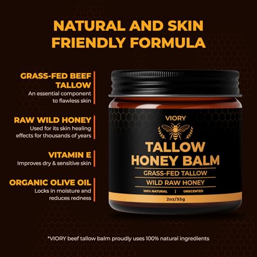 VIORY Tallow and Honey Balm for Face, Beef Tallow for Skin, Moisturizer with 100% Organic Grass-Fed Beef Tallow & Raw Wild Honey - Natural Formula for Dry & Sensitive Skin (Unscented)